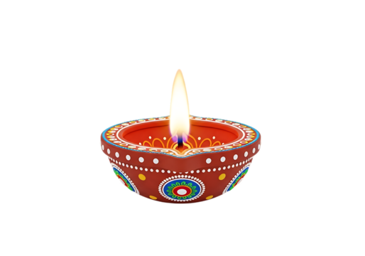 Traditional indian diya oil lamp with a bright flame burning isolated on transparent background - Powered by Adobe
