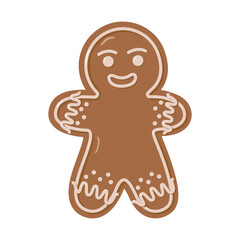 Cute gingerbread man cookie with icing decoration. Vector Christmas dessert illustration for holiday cards, packaging, posters, or festive design projects