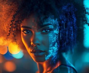 Portrait of a woman with digital code projection and vibrant lighting
