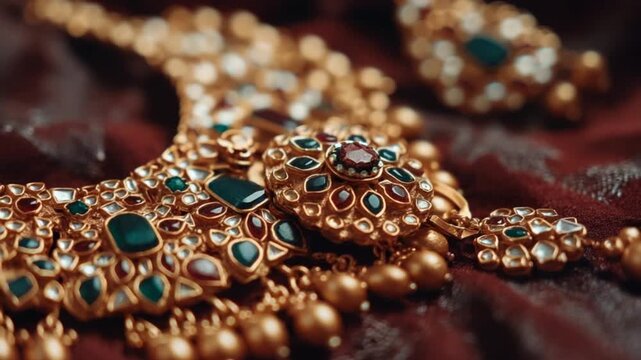Golden jewelry necklace and earrings on a rich red textile background