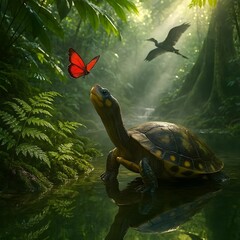 A turtle watches a red butterfly in a lush tropical forest, with sunlight streaming through the trees creating a magical scene