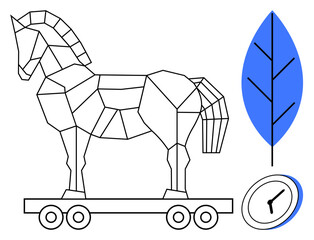 Abstract geometric Trojan horse on wheels, minimalistic blue leaf, and clock. Ideal for innovation, strategy, security, technology, deception nature time. A simple flat metaphor