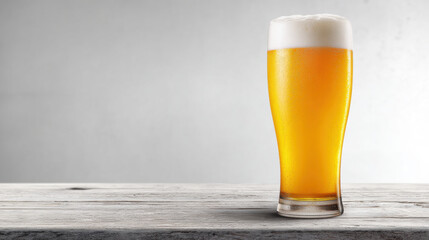 A tall glass of beer with foam outside the glass on a wooden background, full of light lager, golden and foamy ale, with blank space.