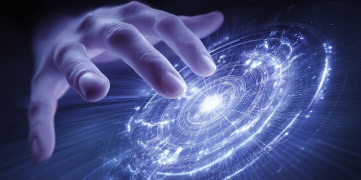 Human hand touching abstract digital light swirl with futuristic glow