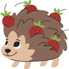 Cartoon illustration of a cute hedgehog with strawberries on its brown spiky back and a white background with a transparent effect ideal for children designs