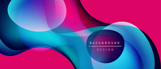 Abstract fluid shapes, vibrant colors blend. Pink, blue hues create dynamic background design. Modern aesthetic, smooth gradients present.