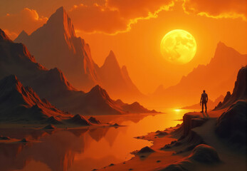 Obraz premium Human Figure at Sunset on an Alien Landscape with Large Moon