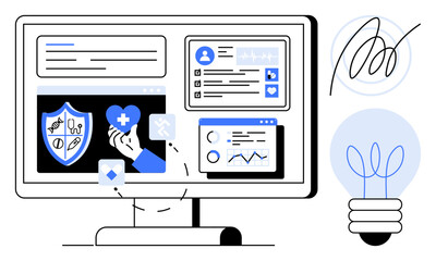 Interactive desktop screen showcasing health-related data, including heart care, medical insurance, and analytics. Ideal for healthcare, innovation, technology, insurance, data management medical