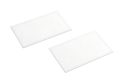 Two blank white rectangular cards overlapping and angled on a transparent background isolated on transparent background