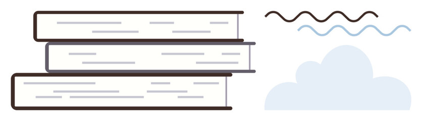 Three stacked books next to wavy lines and a cloud evoke themes of learning, imagination, and exploration. Ideal for education, knowledge, creativity, writing, storytelling research inspiration. A