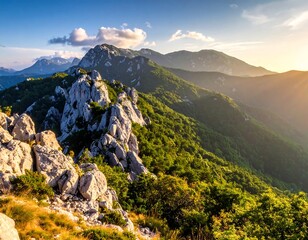 Sunny mountain range with dramatic sky, rocks, and lush green forests