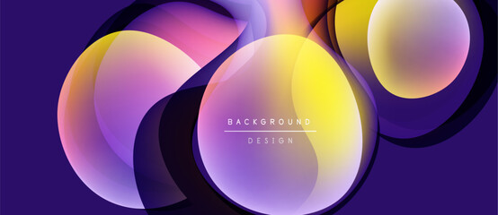 Abstract colorful shapes overlap. Gradient hues create dynamic visual effect. Modern design elements suggest innovation, fluidity.