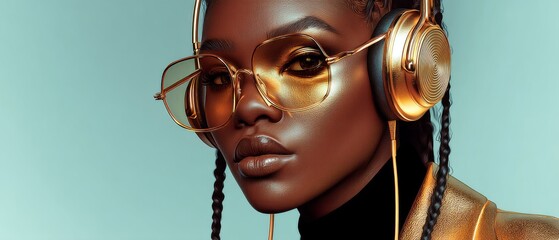 Portrait of stylish woman with golden glasses and headphones on a blue backdrop