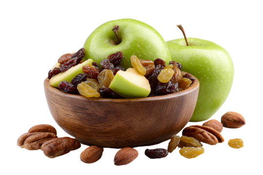 Fresh green apples and mixed dried fruits and nuts in a wooden bowl