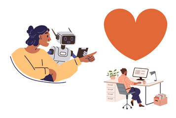 Woman engaging with a robot, symbolizing tech collaboration, large heart for love or care, person working at a desk illustrating focus. Ideal for AI, work-life balance, remote work, technology