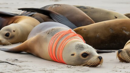 Sea lion entangled in orange plastic rings on a sandy beach