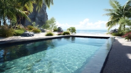 Fototapeta premium view of the outdoor swimming pool surrounded by a lush and colorful garden landscape