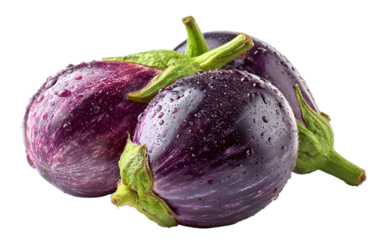 Fresh ripe eggplants with water droplets on a dark background