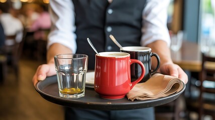 Waiter serving coffee and water on a tray in a restaurant