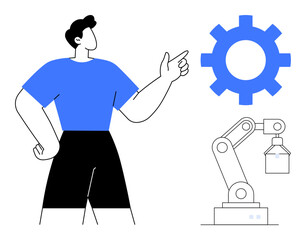 Person pointing at a robotic arm and a gear representing innovation, technology, and automation. Ideal for engineering, innovation, manufacturing, AI, robotics automation teamwork. A simple flat