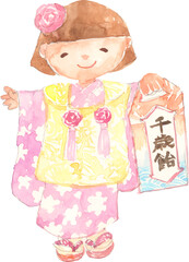 着物姿の千歳飴を持つ女の子のイラスト　ベクター　