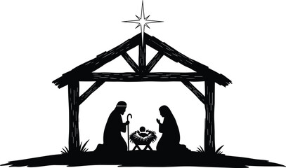 Nativity stable silhouette, holy family with baby Jesus, Mary and Joseph kneeling, star of Bethlehem, Christian Christmas illustration, sacred holiday artwork © MDAMIRHAMJA
