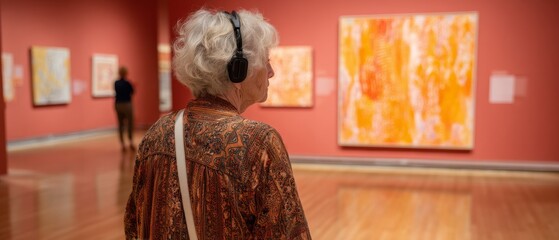 Senior woman enjoys abstract art in a museum listening audio guide tour