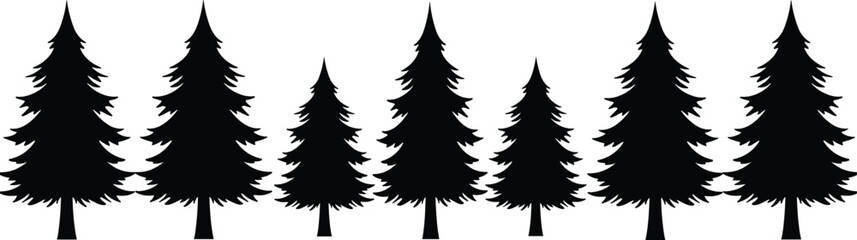 Pine tree silhouette, evergreen forest design, winter woodland vector, rustic nature artwork, outdoor landscape element, black graphic set, decorative tree illustration
