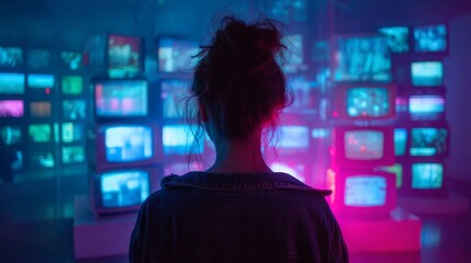 Girl watching retro TVs in cyberpunk ambience with vibrant neon lights