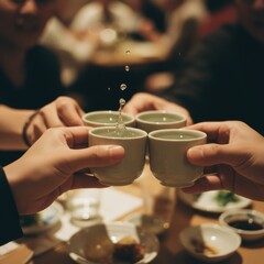 Friends toasting with sake cups, splashing drink at dinner