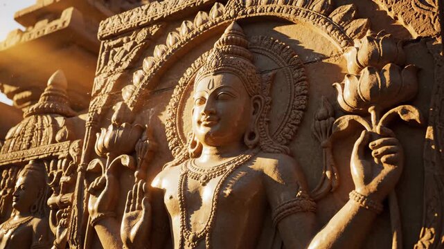 Detailed Stone Relief of Deity at Konark Sun Temple, India, Showcasing Ancient Art and Cultural Heritage with Golden Hour Lighting