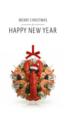 Fototapeta premium Christmas and New Year card featuring a festive seafood wreath made of lobster, shrimp, oysters, and berries with a red ribbon bow.