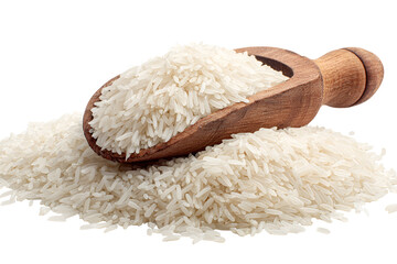 Wooden scoop filled with uncooked white rice piled on a mound of rice against a black background