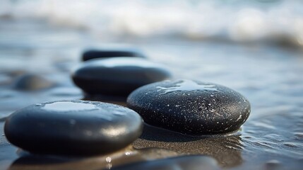 A row of dark, smooth stones rests on a wet, sandy beach. The stones are partially submerged in the receding waves, reflecting the light and creating a shimmering effect. The water i