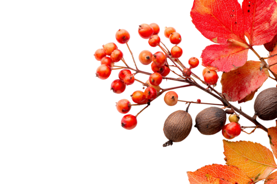 Vibrant autumn berries and leaves against a stark black background