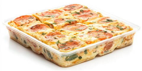 A square plastic container filled with pepperoni pizza slices. The pizza is arranged in a grid pattern and topped with pepperoni, mozzarella cheese, and fresh basil leaves. 
