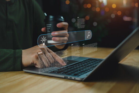 AI search SEO bar search engine data analysis assistant machine learning with person using laptop at night with coffee in modern workspace environment.