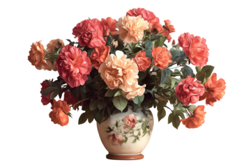 Vibrant bouquet of artificial flowers in a decorative vase against a black background