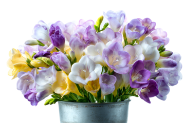 A beautiful bouquet of colorful freesia flowers in a silver vase against a dark background
