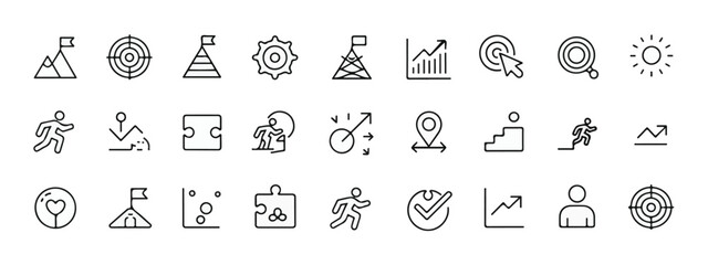 Set of target and goal web icons, line style, including achievement, success, aim, crosshair, arrow, shoot, mission, objective, editable stroke, linear icon collection.