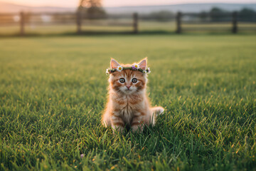 Adorable little kitten sitting in fresh green grass, cute fluffy cat looking curious in natural outdoor light, peaceful and playful animal scene.