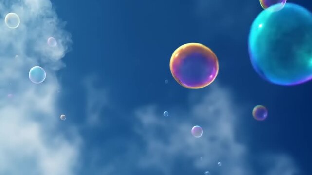 Colorful soap bubbles float gently against a vibrant blue sky scattered with fluffy clouds.