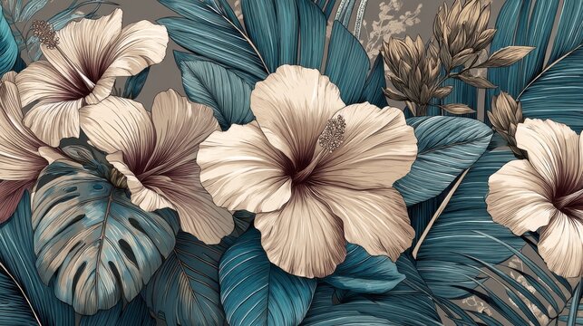 Elegant floral design with hibiscus flowers and tropical leaves art - Powered by Adobe