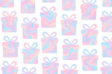 Holographic pastel gift boxes seamless pattern transparent background, celebrating birthdays, holidays, and special events