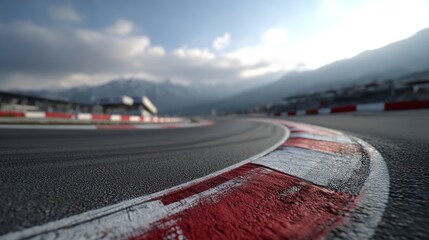 Curved Race Track Asphalt Detail With Blurred Mountain Backdrop