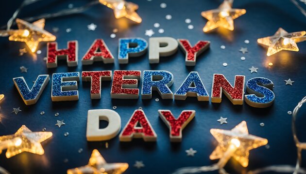 Happy veterans day message with sparkling stars and confetti on a dark background celebrating american heroes and national pride