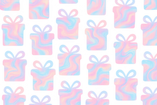 Holographic pastel gift boxes seamless pattern transparent background, celebrating birthdays, holidays, and special events