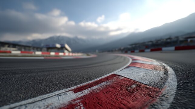 Curved Race Track Asphalt Detail With Blurred Mountain Backdrop - Powered by Adobe