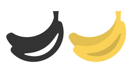 Two distinct line icons of bananas showcase a black version alongside a bright yellow one, perfect for illustrating fruit-themed projects or enhancing digital design.