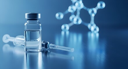 Syringe and glass vial with liquid on a table with molecular structure background for medical concepts